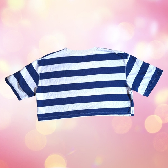 ZARA | Navy And White Striped Cropped Boxy Fit Cotton Tee Size M - Picture 4 of 8